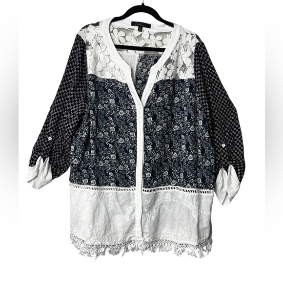 Calessa Plus Size 3X Art to Wear Abstract Mix Material Pieced Knit Tunic Top - Picture 1 of 8